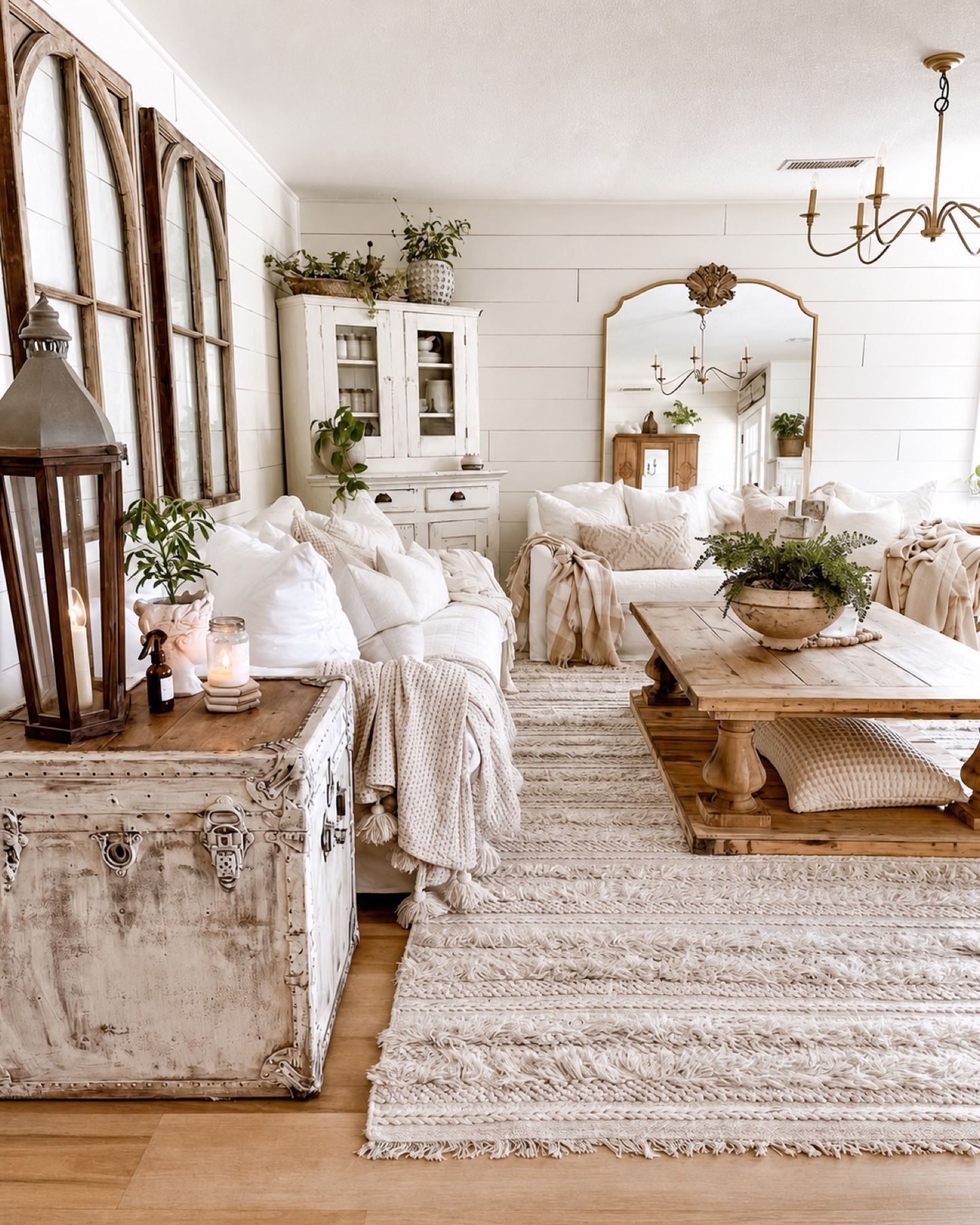 Warm farmhouse-inspired staged living room