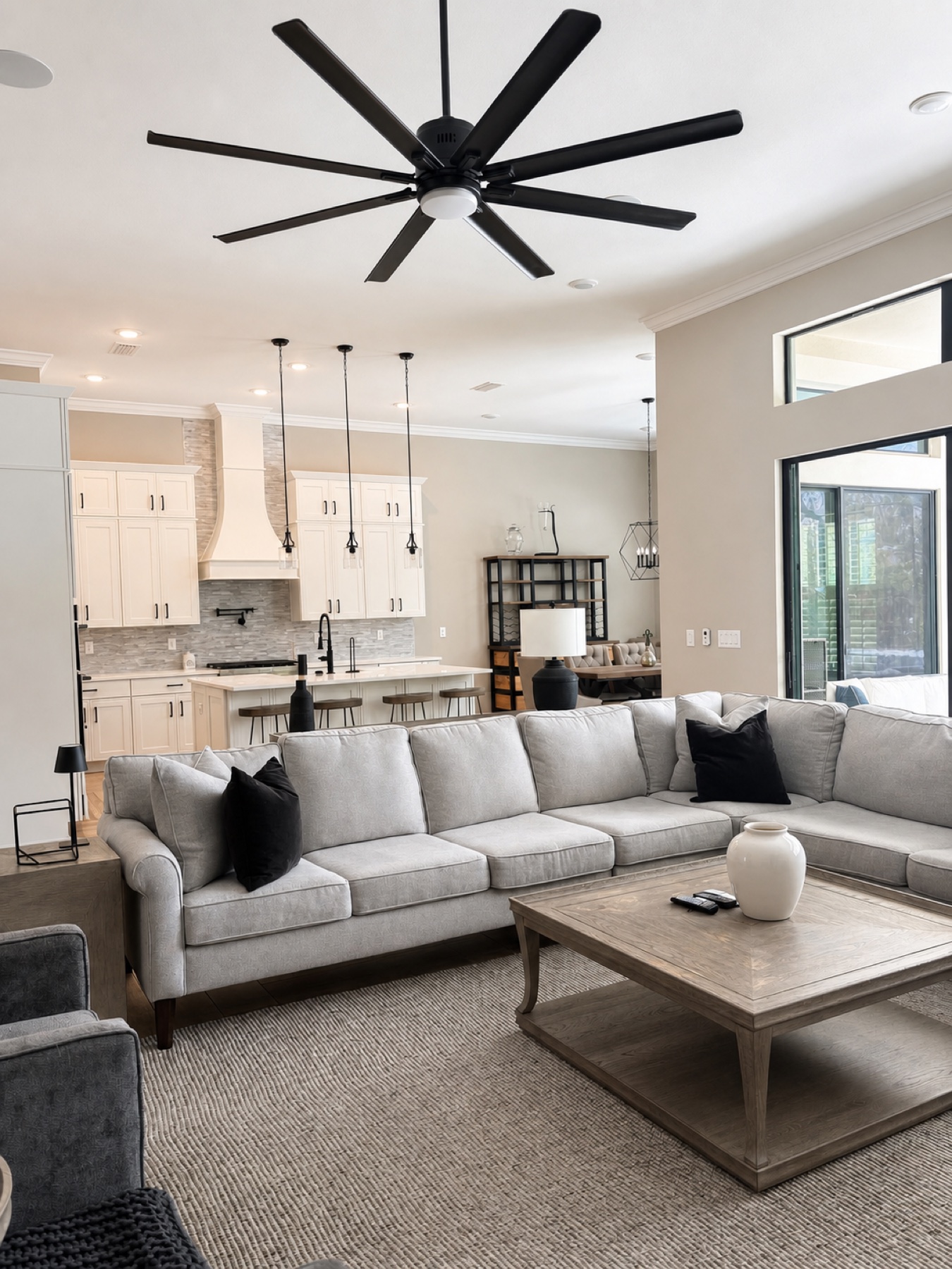 Professionally staged open-plan living room and kitchen